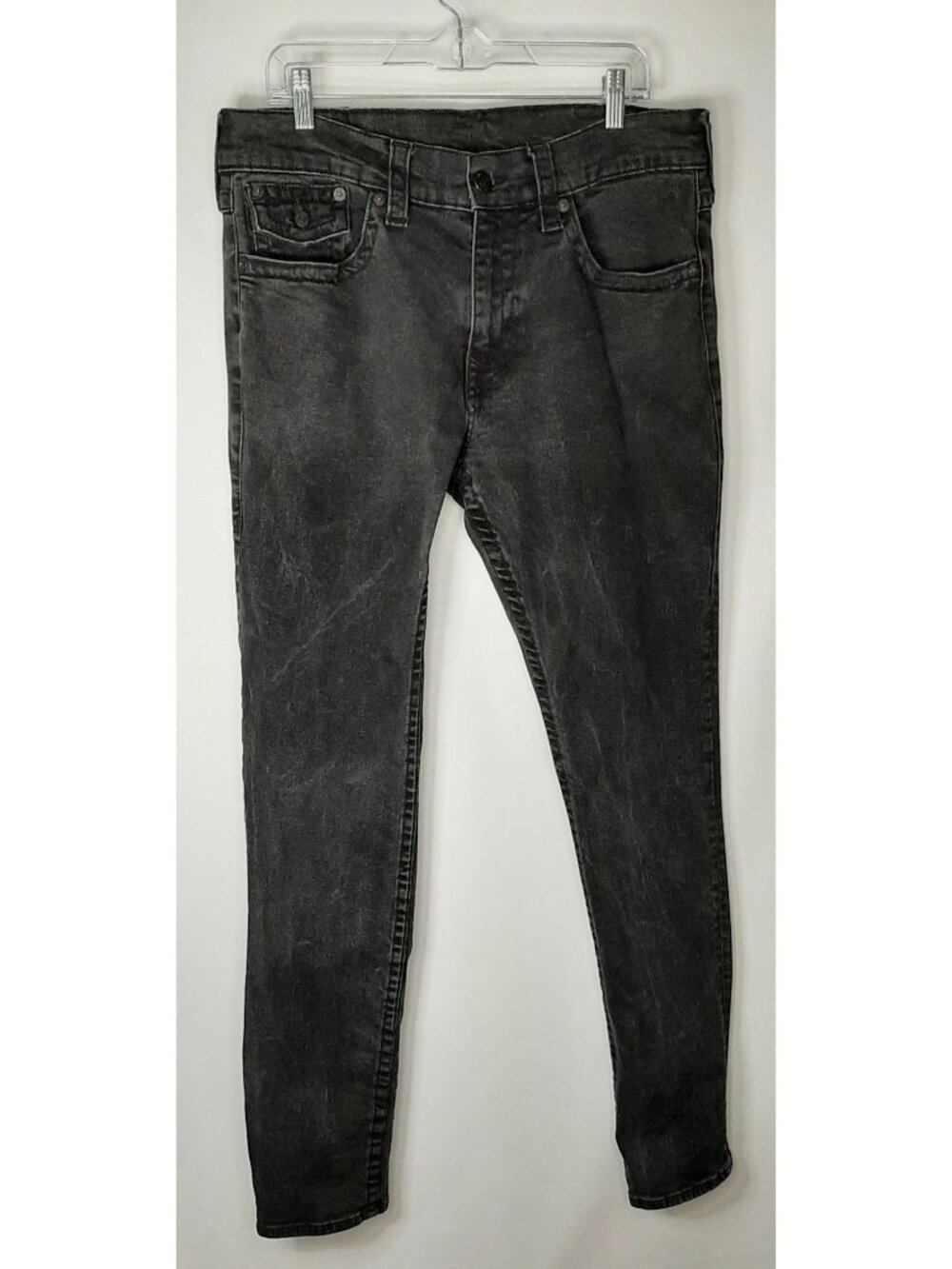 True Religion Men's Relaxed Skinny Straight Leg Jeans Black Flap Pocket Size 36